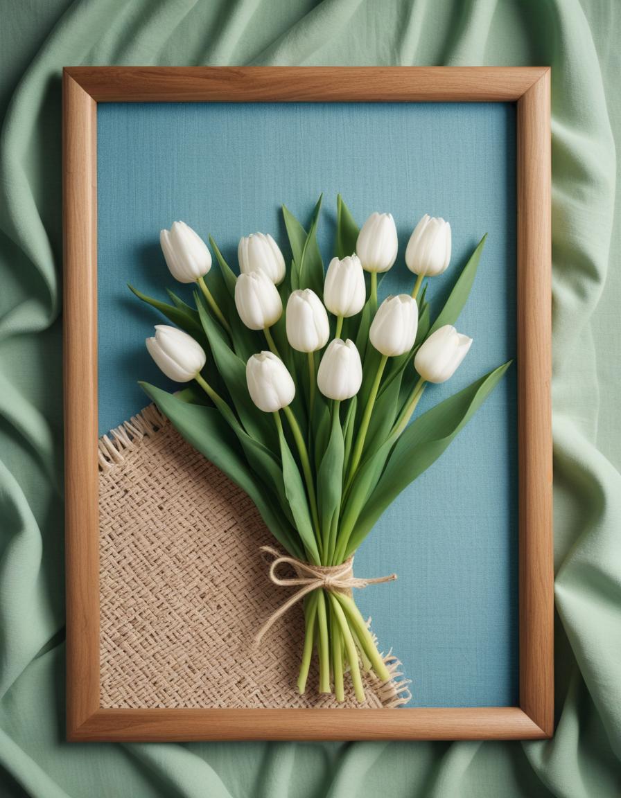 Fresh white tulips in wooden frame on green background Fresh white tulips in wooden frame on green background