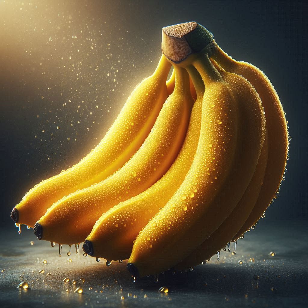 Fresh bananas with water droplets in studio lighting Fresh bananas with water droplets in studio lighting