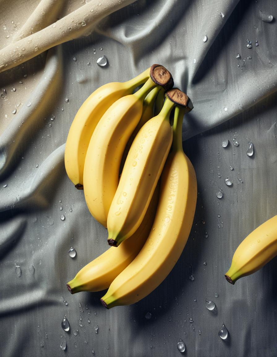 Fresh yellow bananas on soft fabric with water drops Fresh yellow bananas on soft fabric with water drops