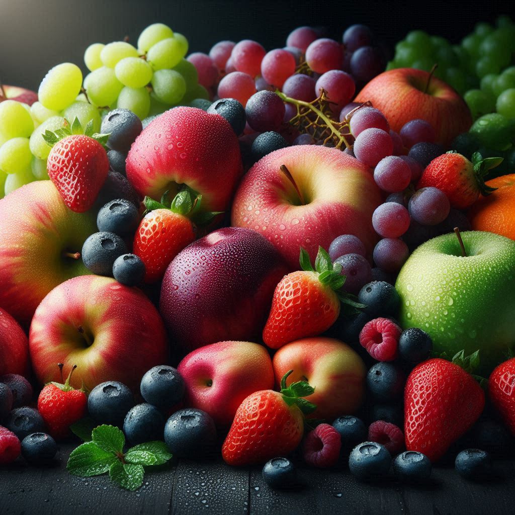Fresh assortment of fruits with dew on dark surface Fresh assortment of fruits with dew on dark surface