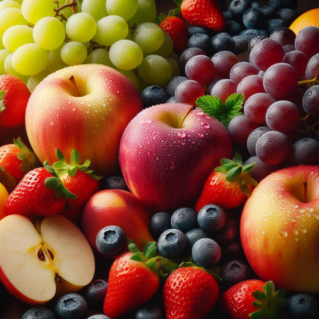 Fresh fruit display in natural light on wooden surface Fresh fruit display in natural light on wooden surface