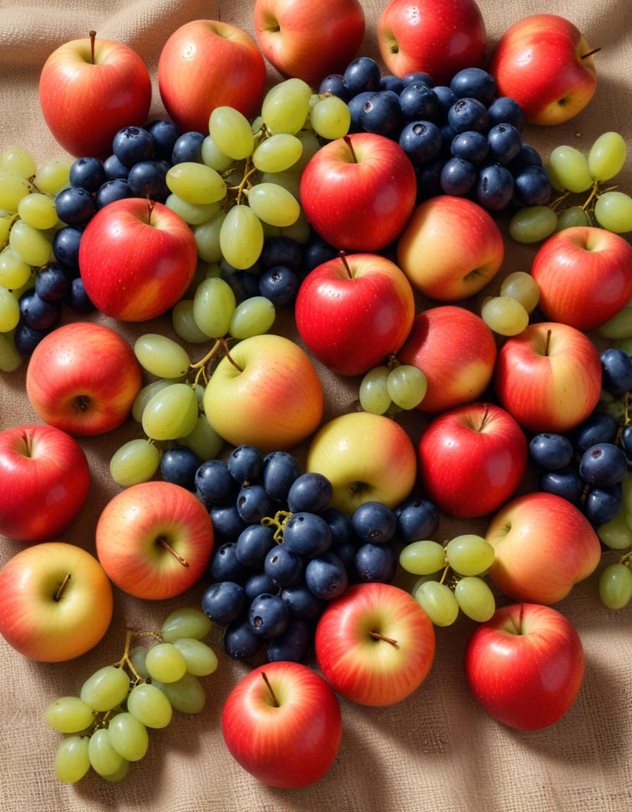Fresh apples and grapes on beige linen surface Fresh apples and grapes on beige linen surface