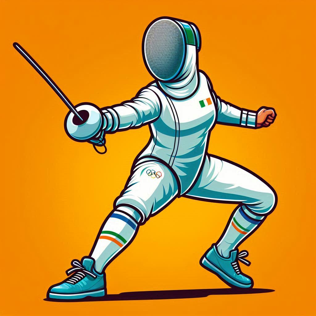 Epee fencer in olympic gear on orange background Epee fencer in olympic gear on orange background