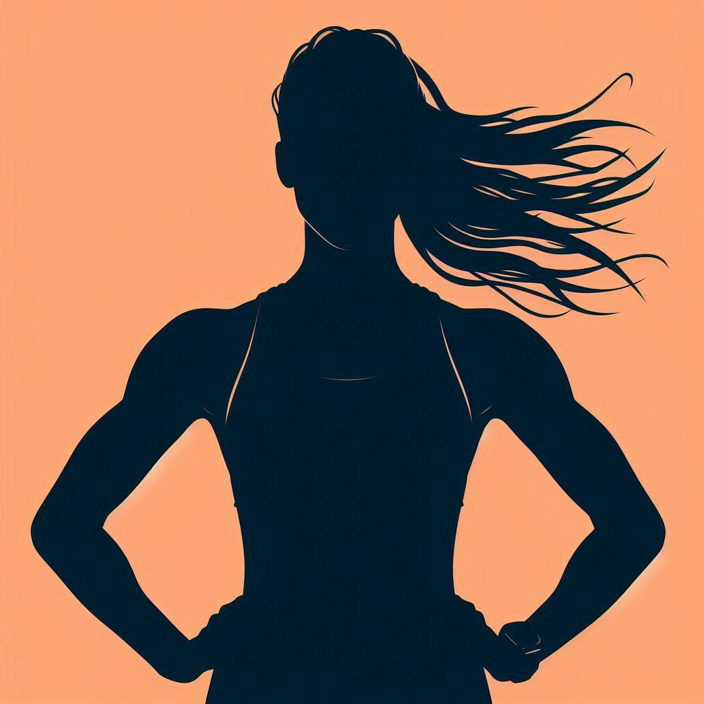 Strong female silhouette with flowing hair at dusk Strong female silhouette with flowing hair at dusk