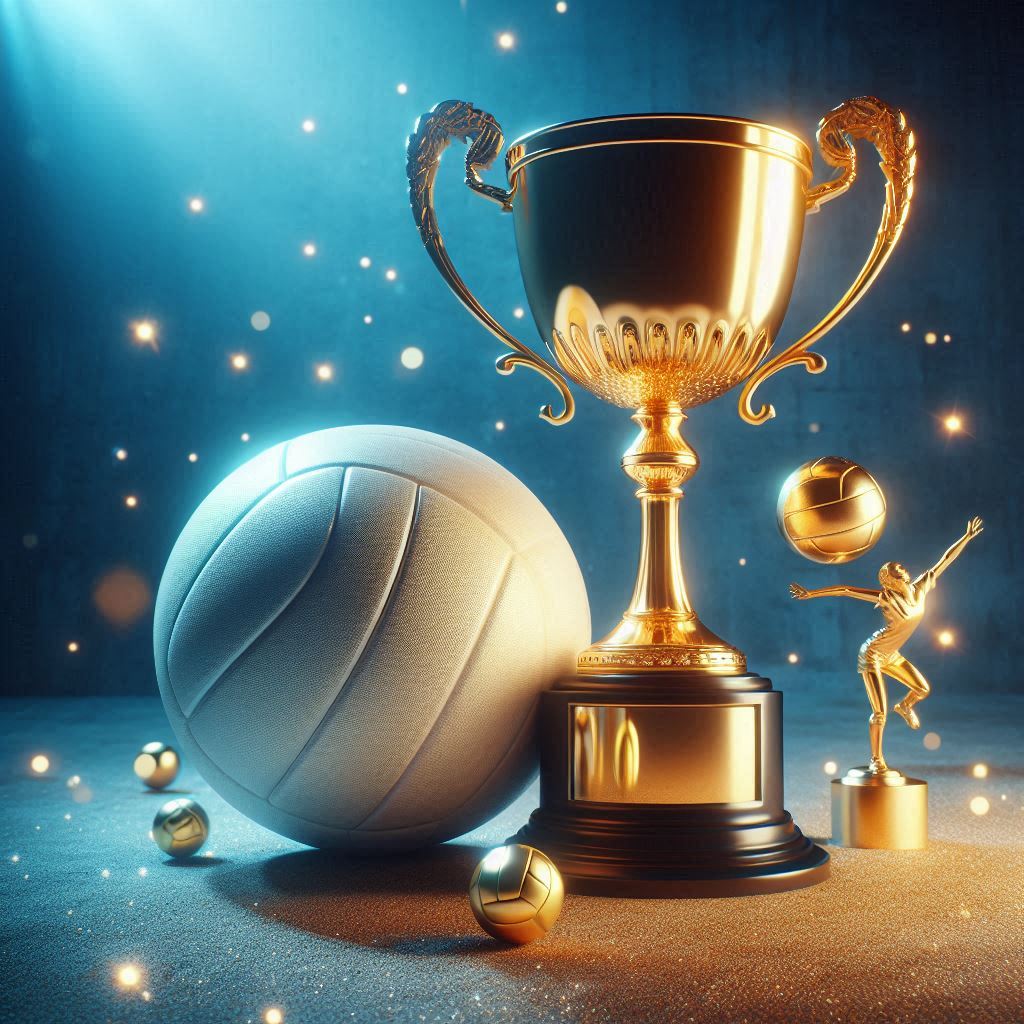 Golden volleyball trophy with balls and figure on display Golden volleyball trophy with balls and figure on display