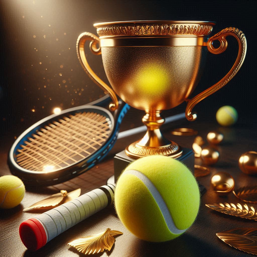 Golden trophy and tennis gear on display at sports event Golden trophy and tennis gear on display at sports event