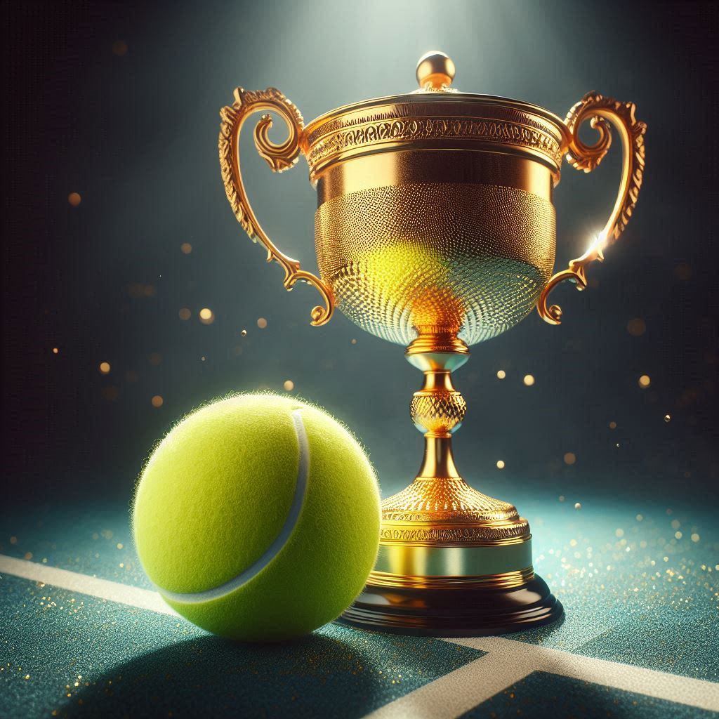 Tennis trophy with green ball on court background Tennis trophy with green ball on court background