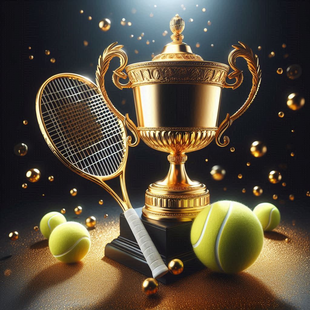 Golden trophy and tennis racket with tennis balls Golden trophy and tennis racket with tennis balls