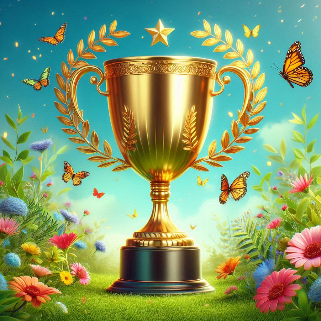 Golden trophy surrounded by butterflies and flowers Golden trophy surrounded by butterflies and flowers