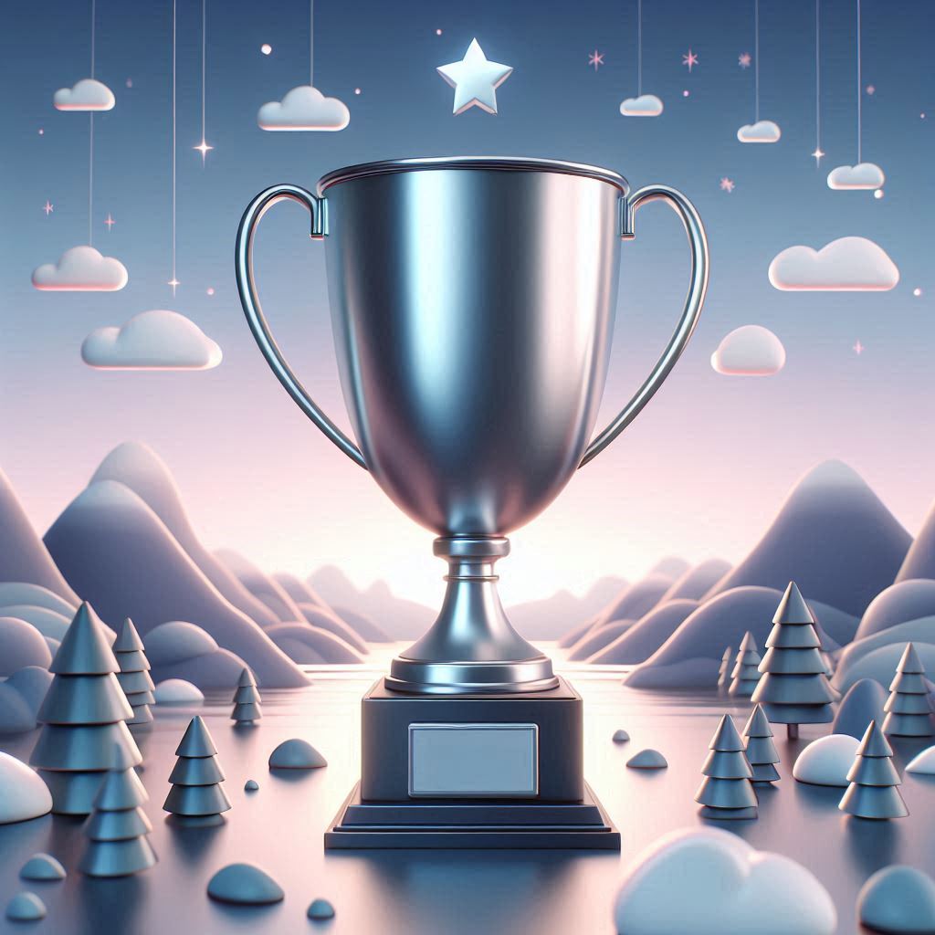 Silver trophy surrounded by mountains and clouds Silver trophy surrounded by mountains and clouds