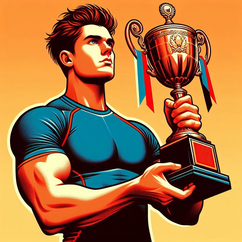 Champion holding trophy against orange background Champion holding trophy against orange background