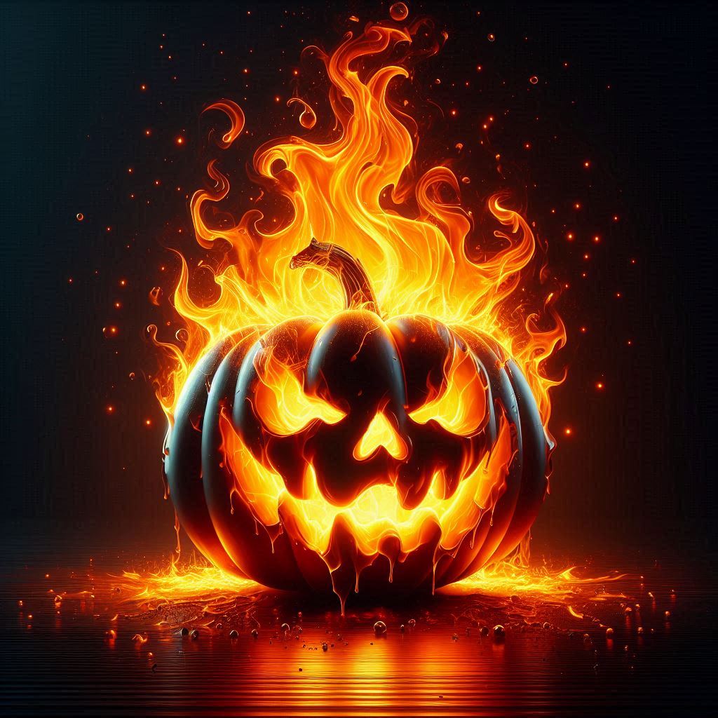 Flaming jack-o'-lantern glowing at night Flaming jack-o'-lantern glowing at night