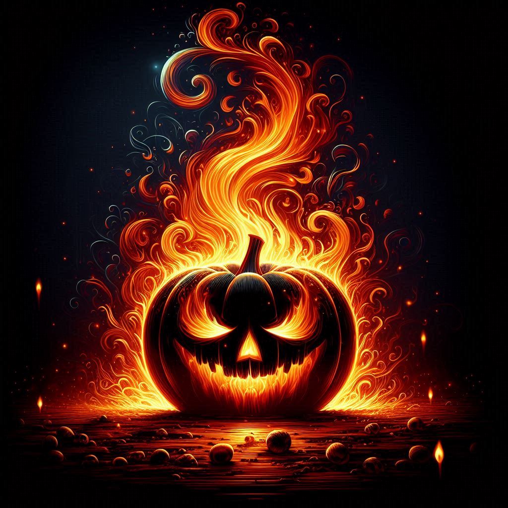 Fiery halloween pumpkin with eerie flames at night Fiery halloween pumpkin with eerie flames at night