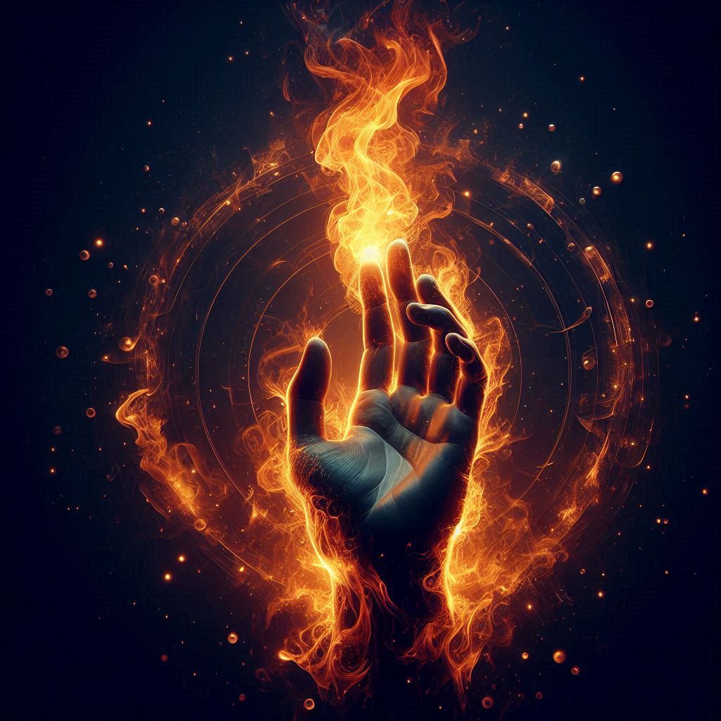 Fiery hand reaching through dark background Fiery hand reaching through dark background