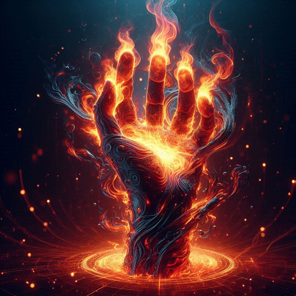 Fiery hand erupting from darkness with flames and energy Fiery hand erupting from darkness with flames and energy