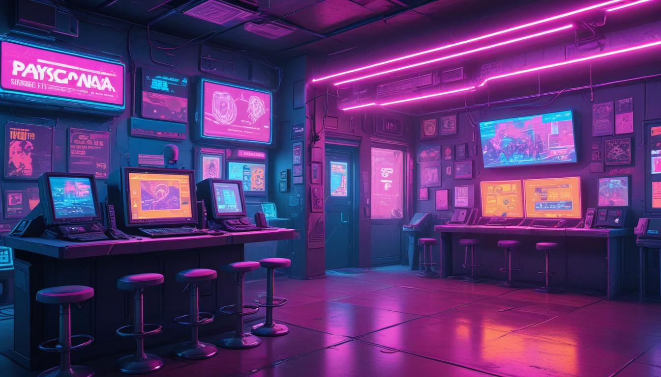 Futuristic cyber café with neon lights at night Futuristic cyber café with neon lights at night