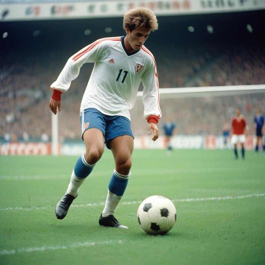 Soccer player dribbling ball at stadium in daylight Soccer player dribbling ball at stadium in daylight