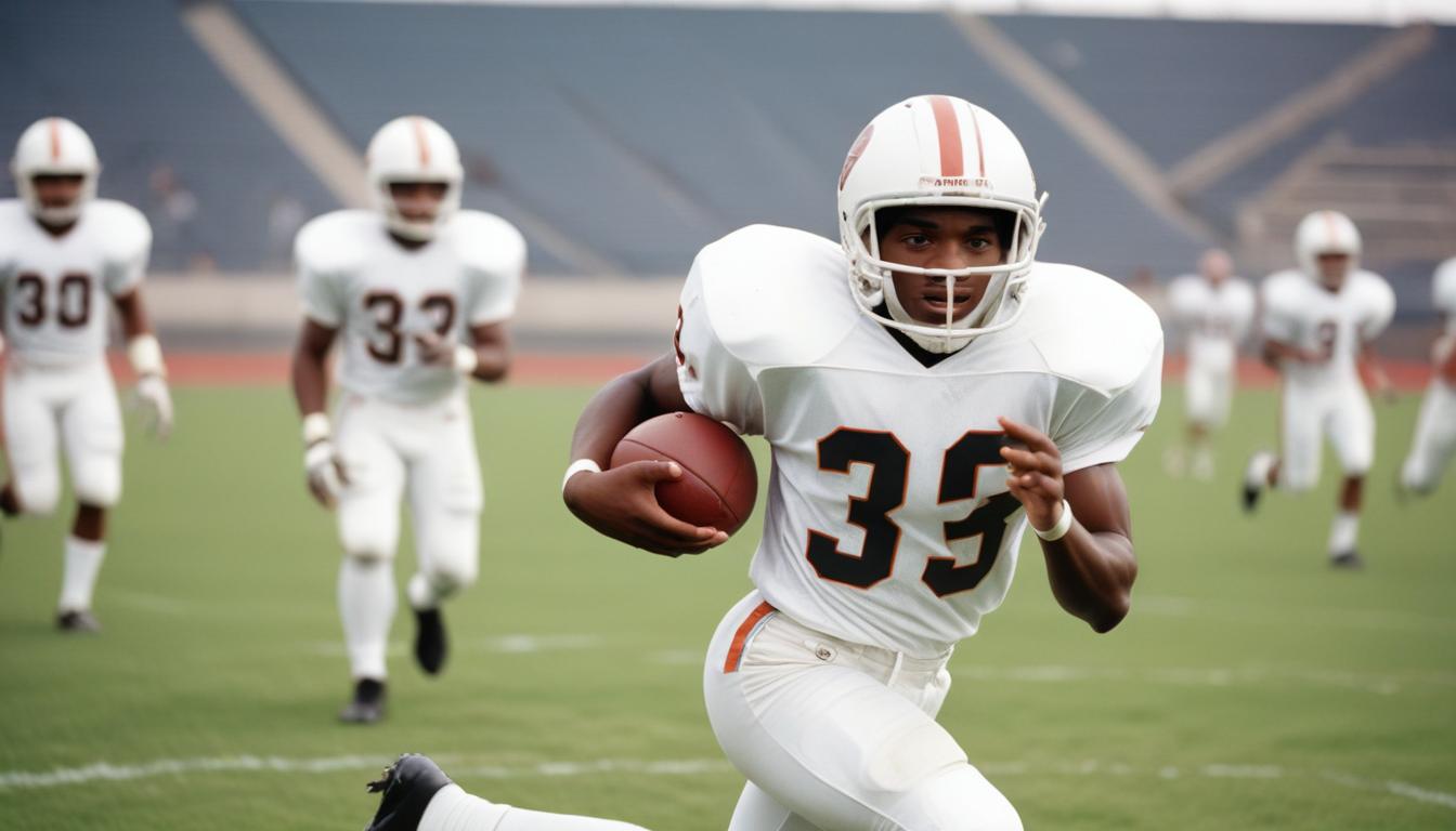 Young football player running on field during practice Young football player running on field during practice
