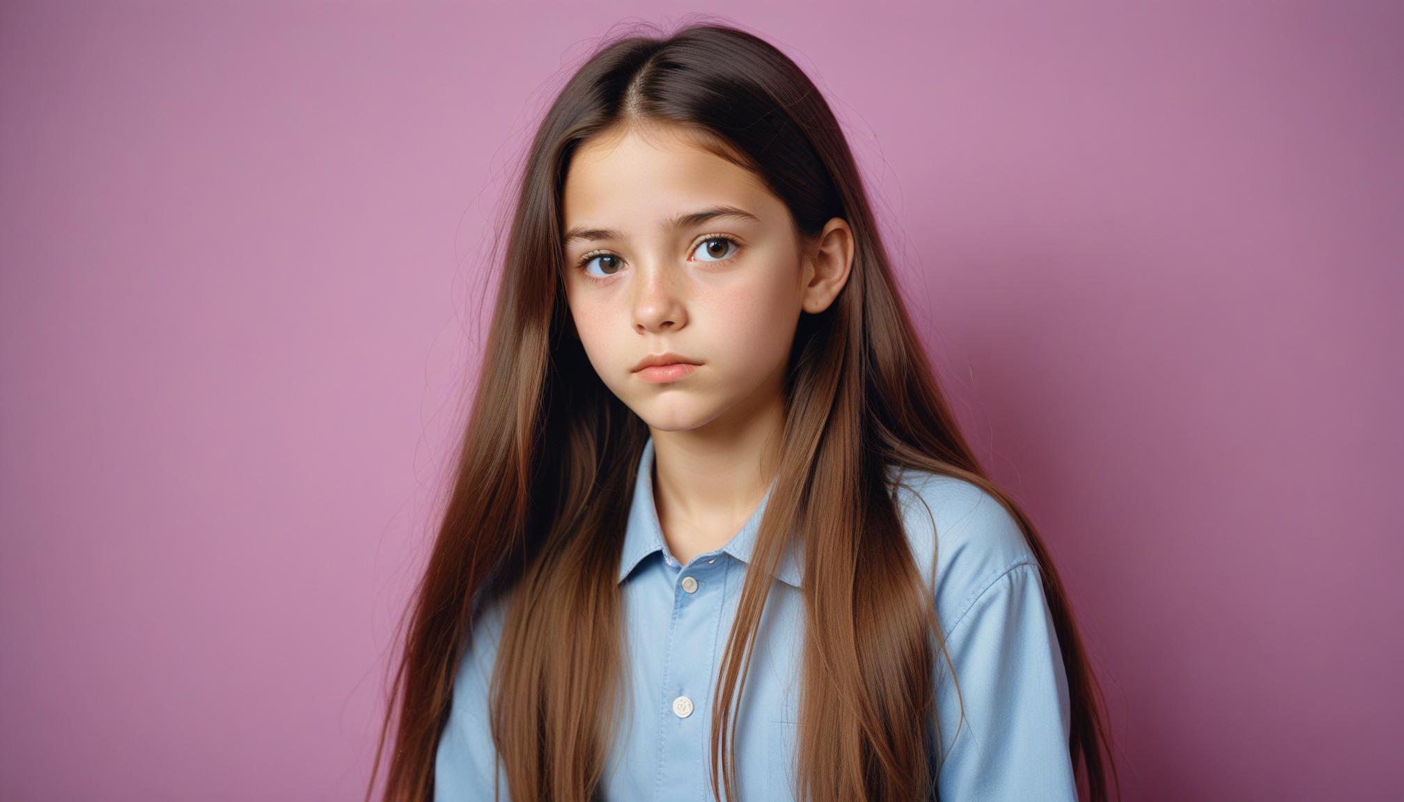 Young girl with long hair in front of purple backdrop Young girl with long hair in front of purple backdrop