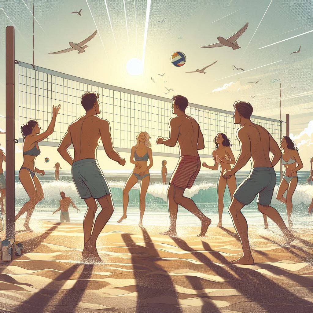 Beach volleyball game at sunset with friends Beach volleyball game at sunset with friends
