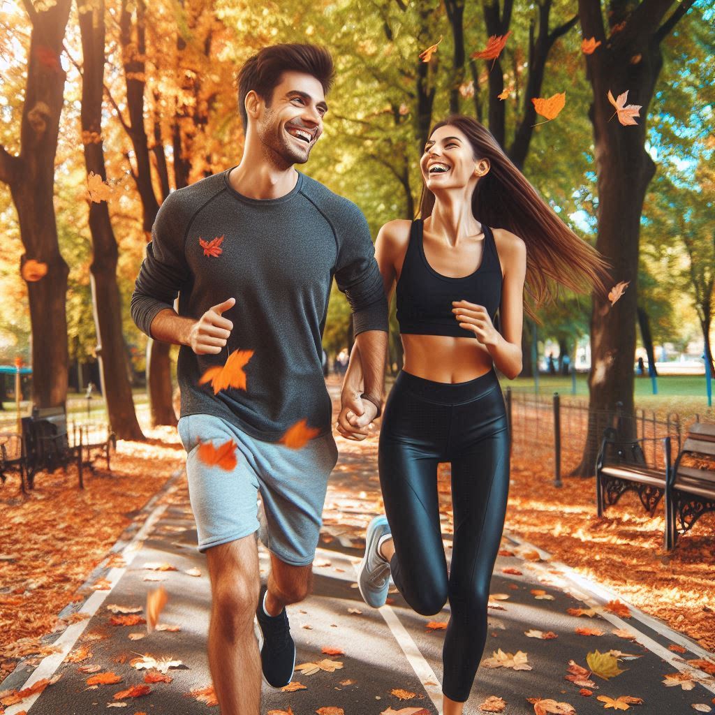 Couple running together in autumn park at sunset Couple running together in autumn park at sunset