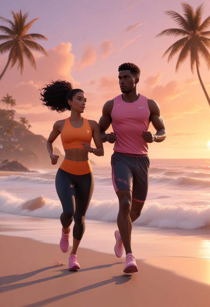 Jogging along the beach at sunset in tropical paradise Jogging along the beach at sunset in tropical paradise