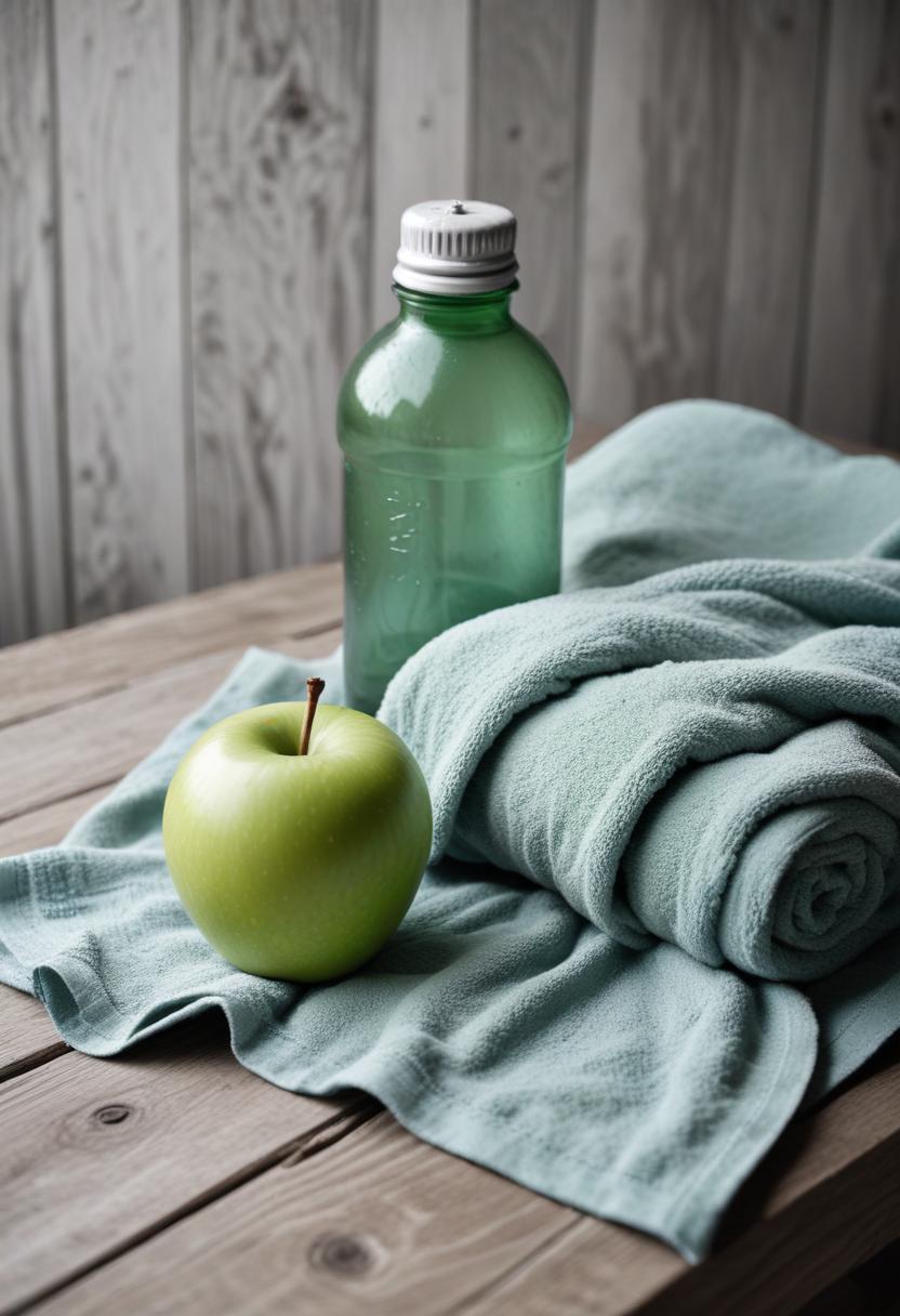 Green apple and water bottle on rolled towel Green apple and water bottle on rolled towel