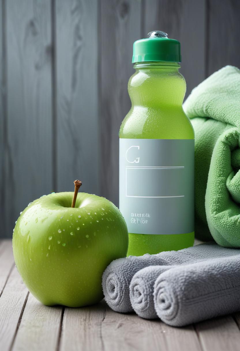 Refreshing green drink and apple with gym towels Refreshing green drink and apple with gym towels