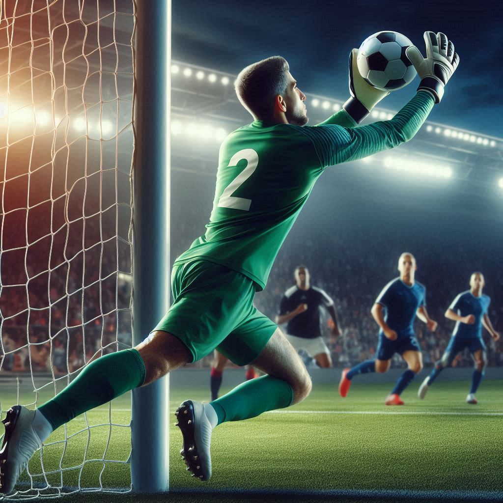 Goalkeeper diving to save penalty in evening match Goalkeeper diving to save penalty in evening match