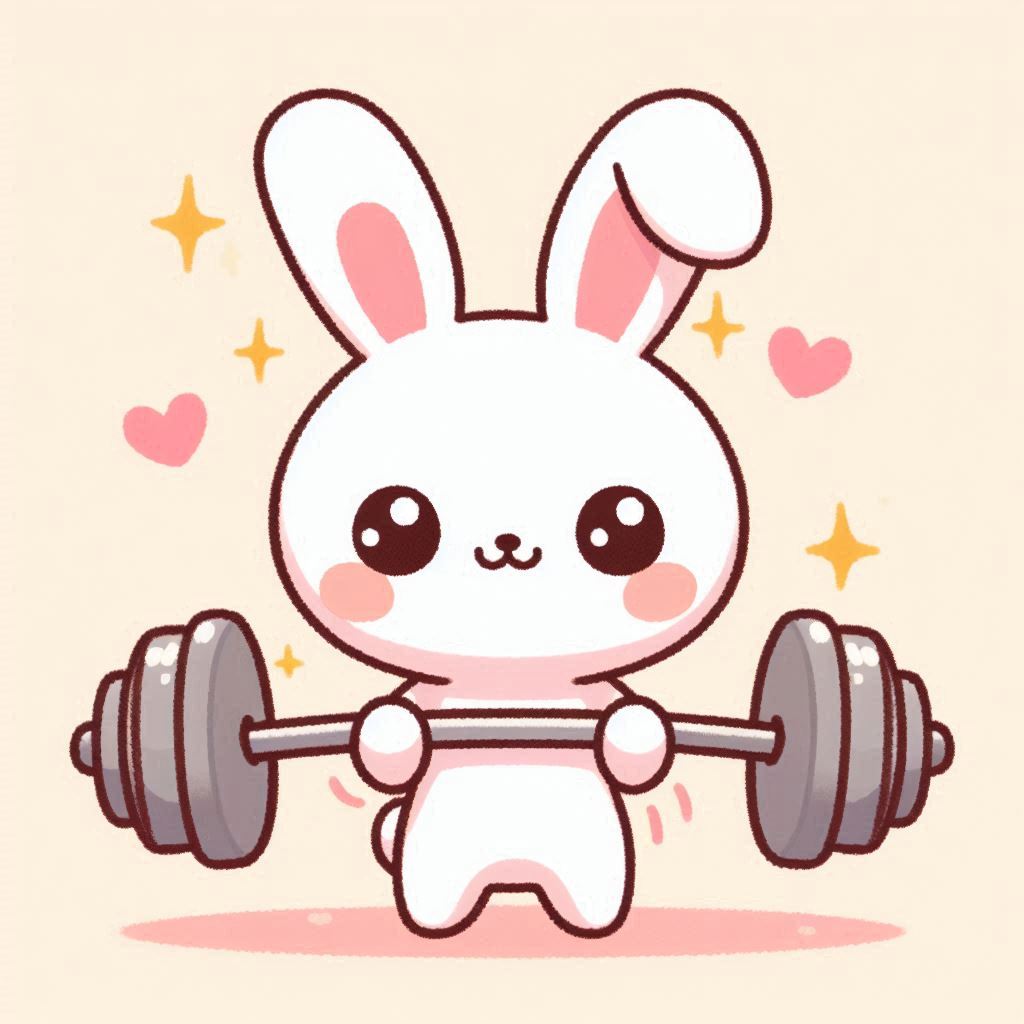 Cute bunny lifts weights with joyful expression Cute bunny lifts weights with joyful expression