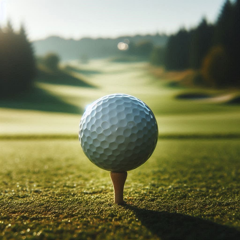 Golf ball teeing off at sunrise on a green course Golf ball teeing off at sunrise on a green course