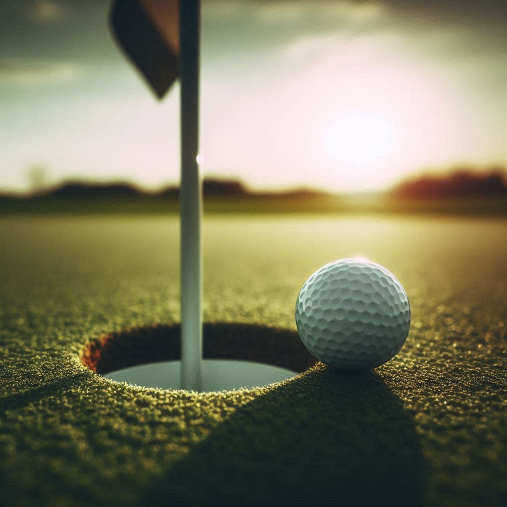 Golf ball near hole at sunset on green course Golf ball near hole at sunset on green course