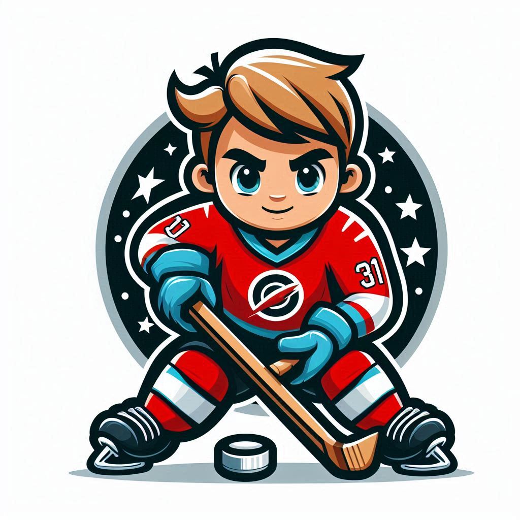 Young hockey player in red jersey holding a stick Young hockey player in red jersey holding a stick
