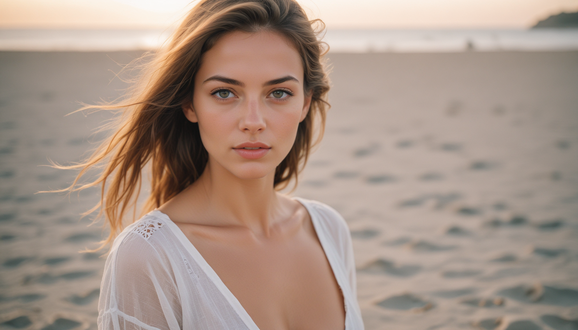 Woman in white dress at beach during sunset Woman in white dress at beach during sunset