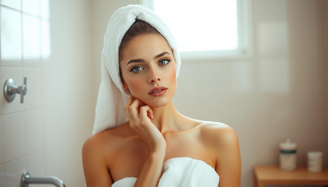 Young woman in towel with shower background Young woman in towel with shower background