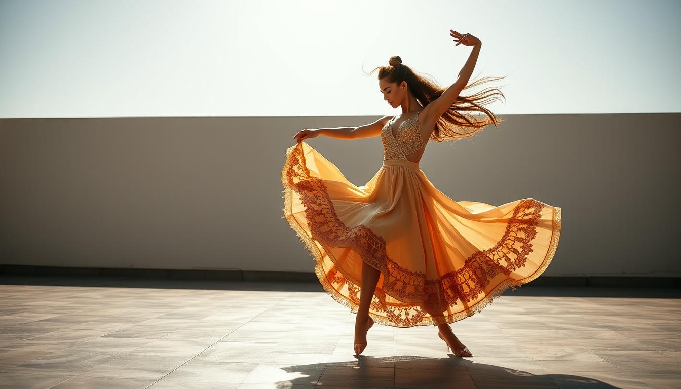 Elegant dancer performing in flowing dress at sunset Elegant dancer performing in flowing dress at sunset