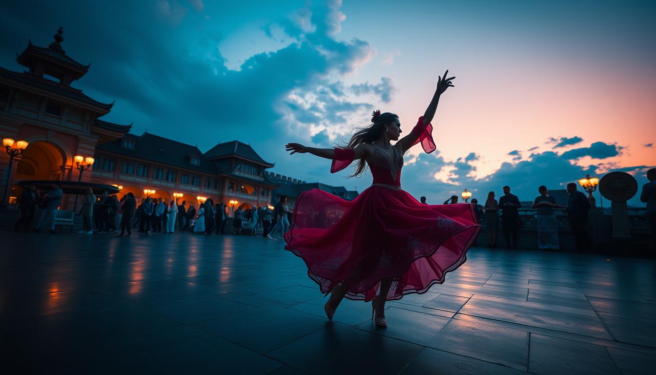 Dancer in red dress twirls at sunset in elegant setting Dancer in red dress twirls at sunset in elegant setting
