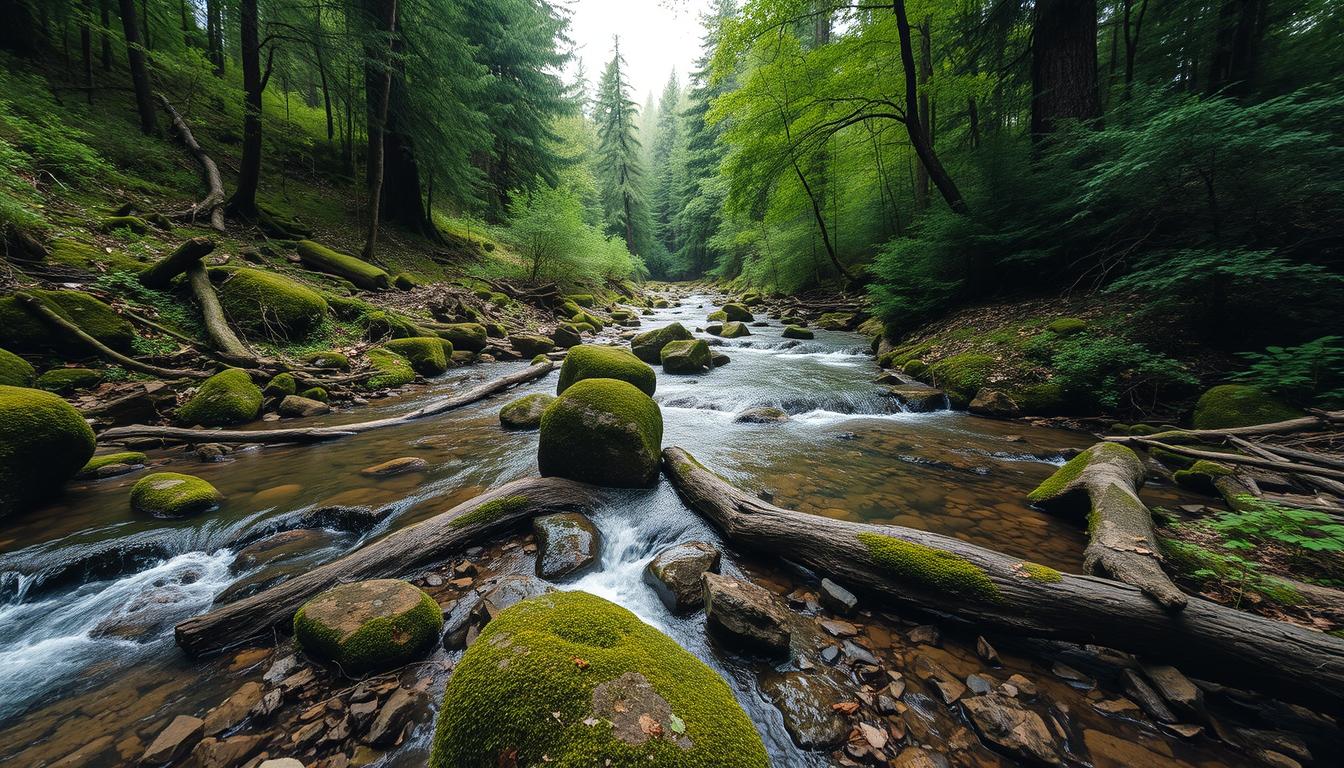 Tranquil stream flowing through lush green forest Tranquil stream flowing through lush green forest