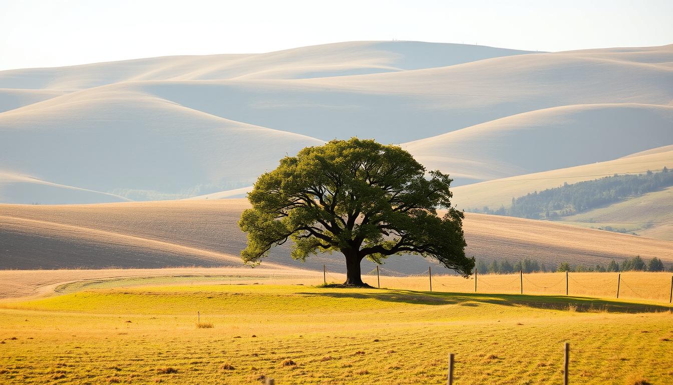 Lone oak tree on rolling hills in golden light Lone oak tree on rolling hills in golden light