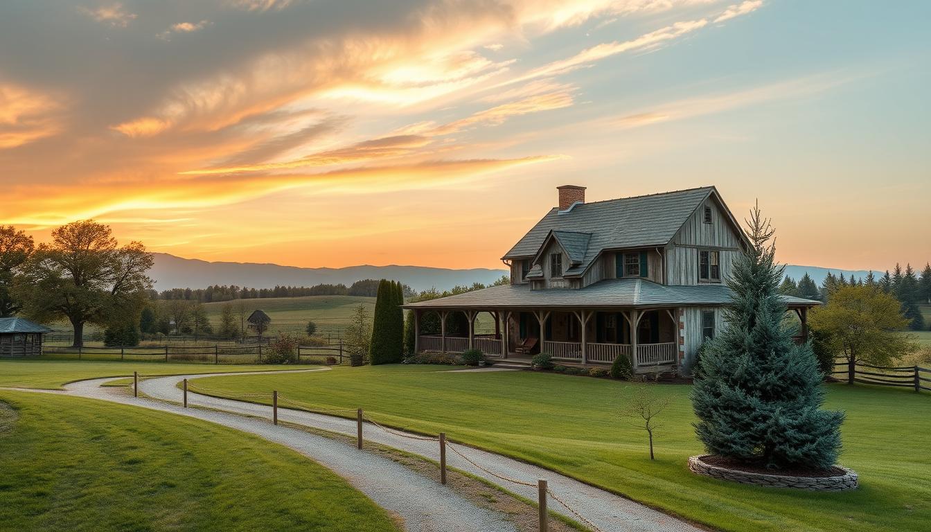 Cozy country house at sunset with scenic pathway Cozy country house at sunset with scenic pathway