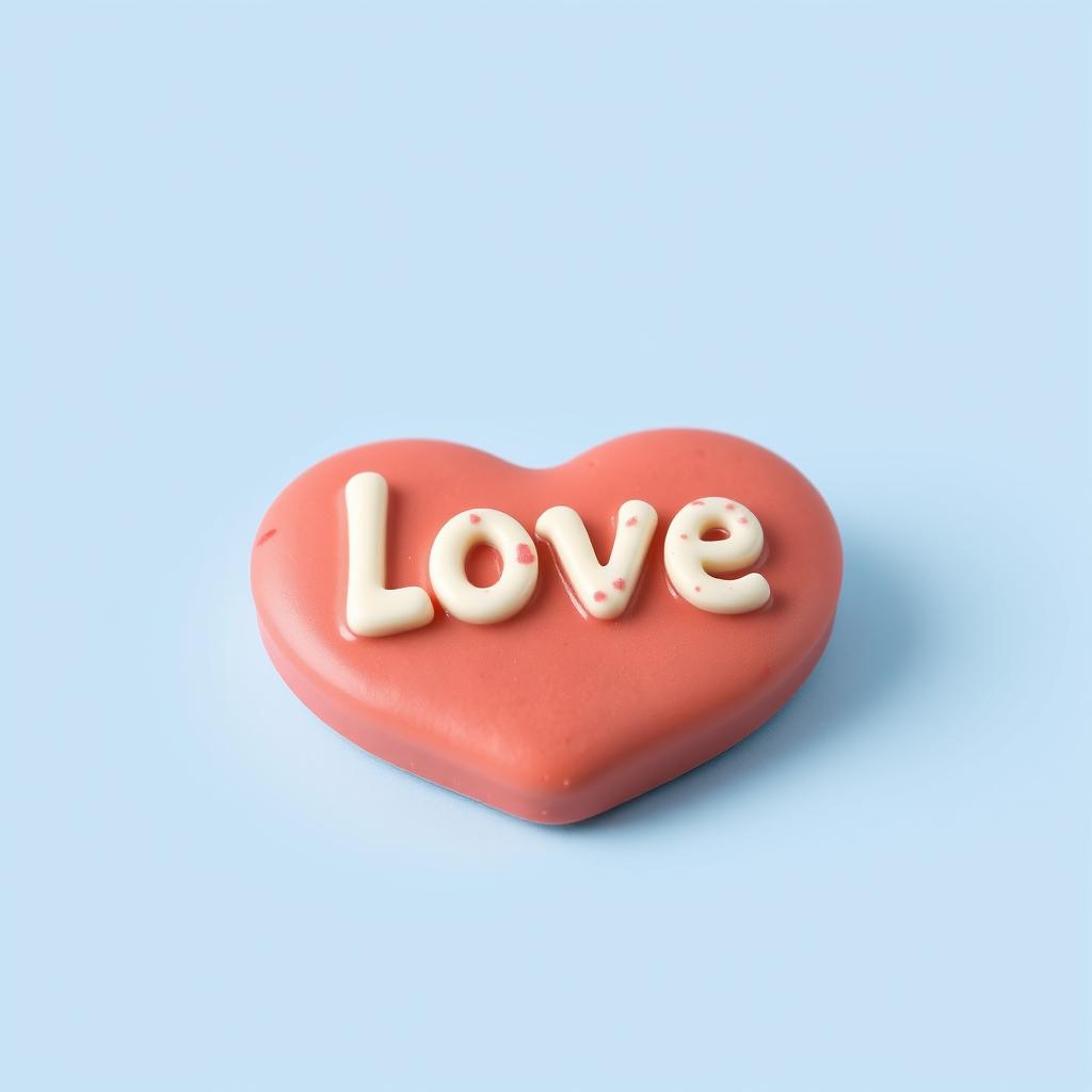 Heart-shaped candy with love inscription on blue background Heart-shaped candy with love inscription on blue background