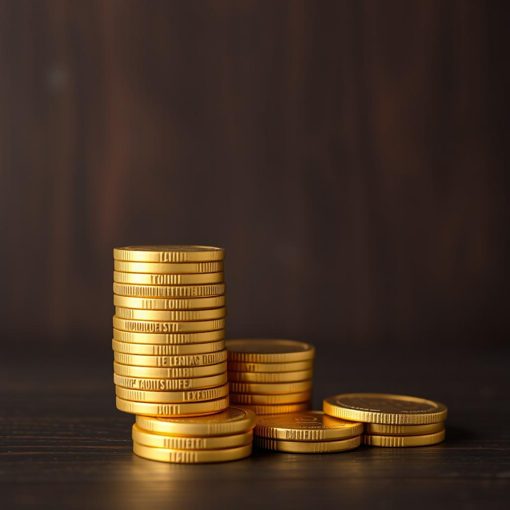 Stacked gold coins on dark wooden surface Stacked gold coins on dark wooden surface