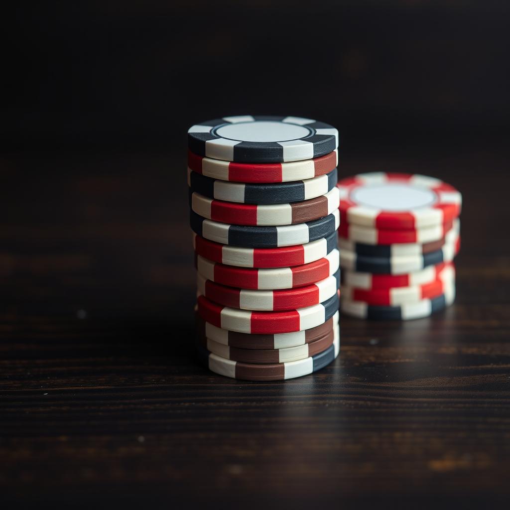 Stacked poker chips on a wooden table Stacked poker chips on a wooden table