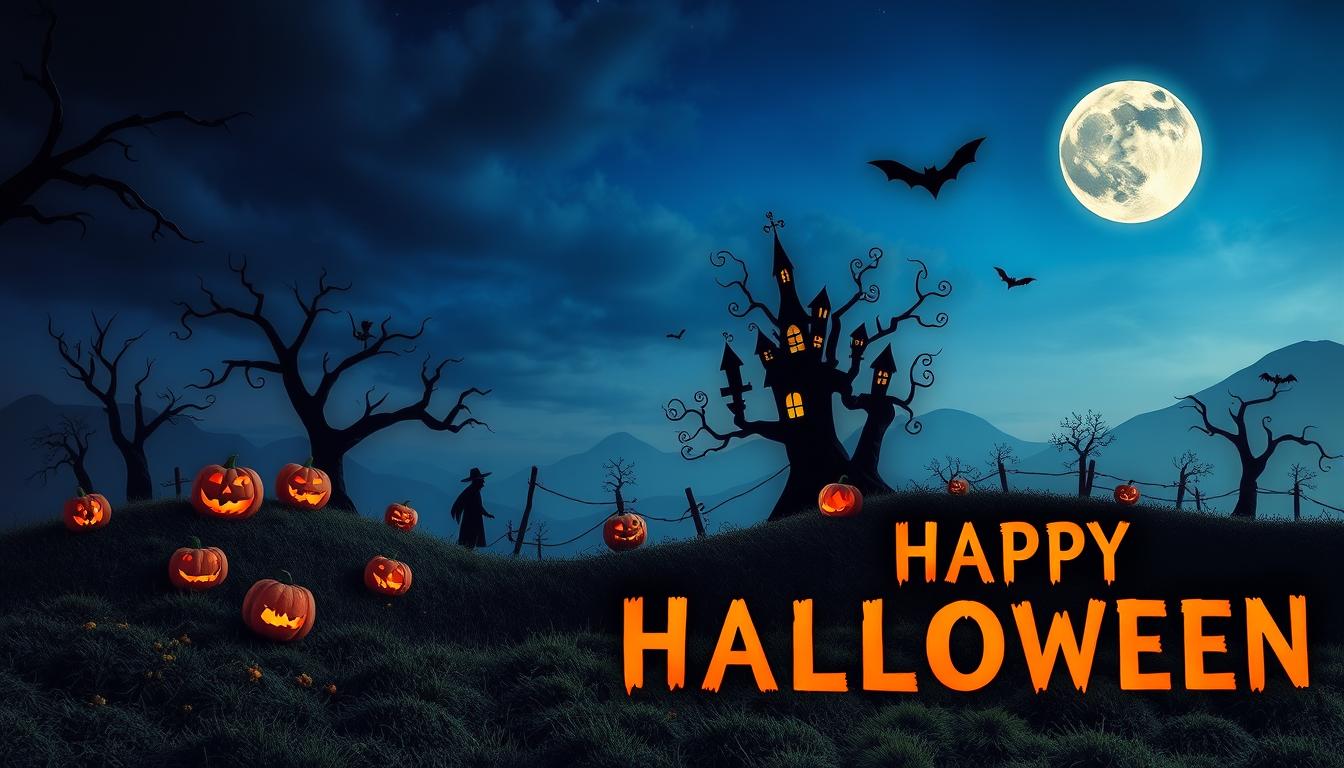 Spooky halloween night with pumpkins and haunted castle Spooky halloween night with pumpkins and haunted castle