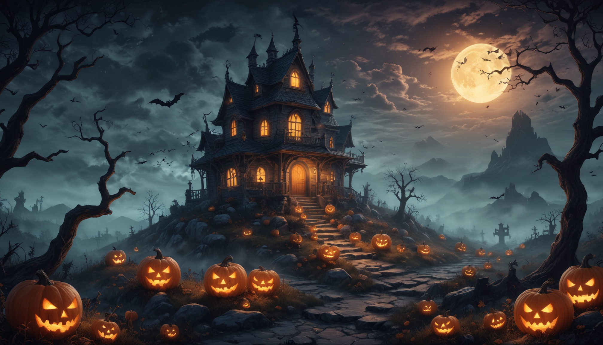 Spooky haunted house with jack-o'-lanterns at night Spooky haunted house with jack-o'-lanterns at night