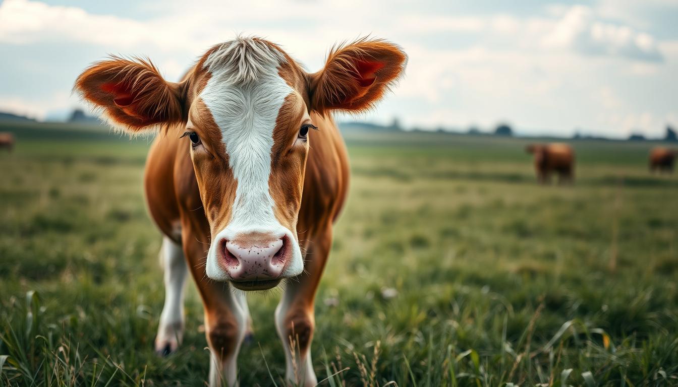 Brown calf grazing in sunny field at dusk Brown calf grazing in sunny field at dusk
