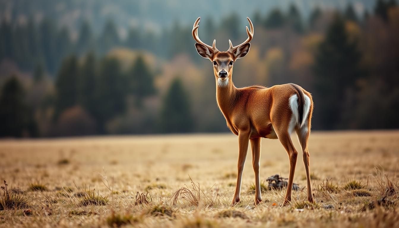 Majestic deer standing in golden meadow at dusk Majestic deer standing in golden meadow at dusk