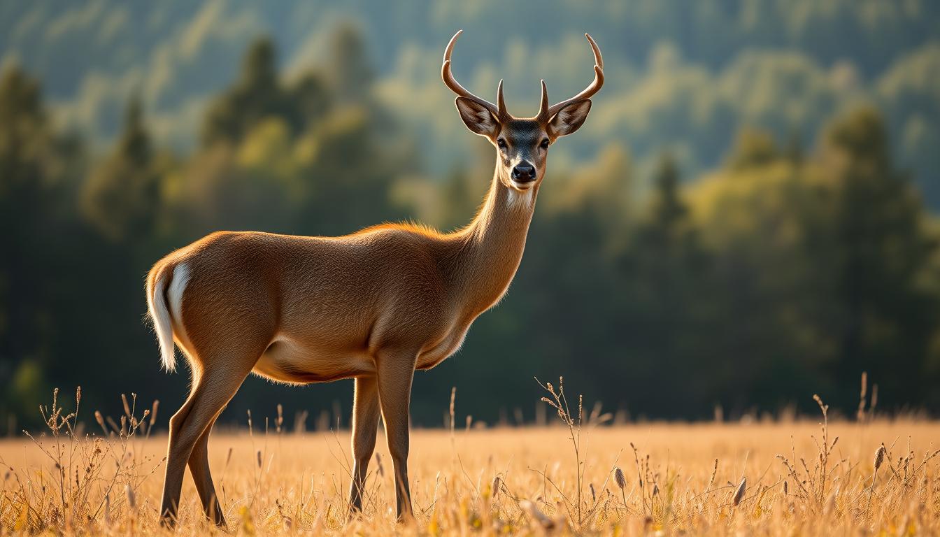 Majestic deer stands in golden meadow at sunset Majestic deer stands in golden meadow at sunset