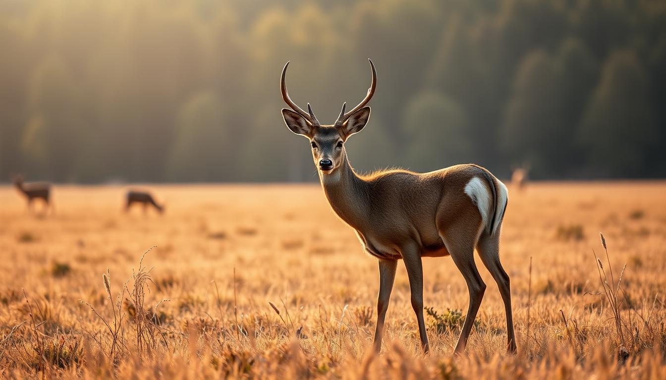 Fallow buck grazing in golden meadow at sunset Fallow buck grazing in golden meadow at sunset