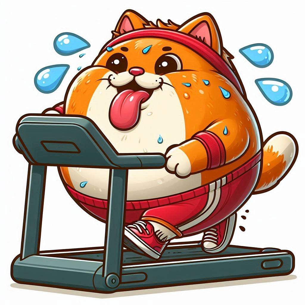 Cartoon cat exercising on treadmill in gym setting Cartoon cat exercising on treadmill in gym setting